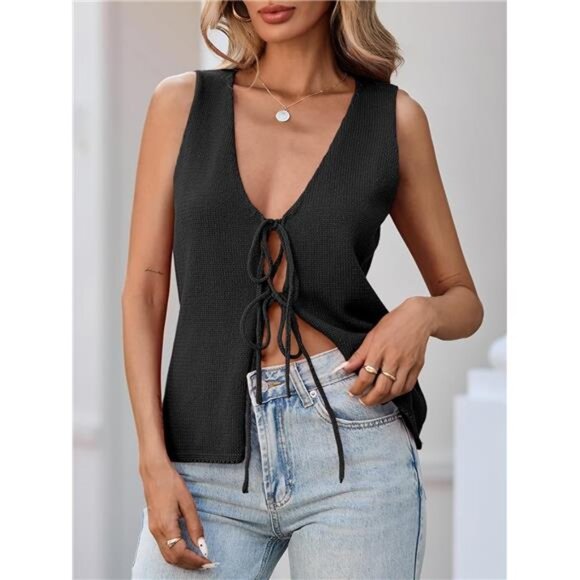 Tie Front Knit Sweater Vest – Ribbed Sleeveless Tank Top - Picture 1 of 5